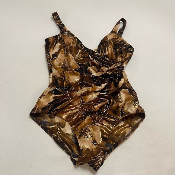 Miraclesuit VTG Pandora Brown Floral One Piece Bathing Suit Swimsuit Size 12 - Picture 1 of 7